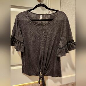 PerSeption Concept Charcoal Tie-Front Ruffle Sleeve Top